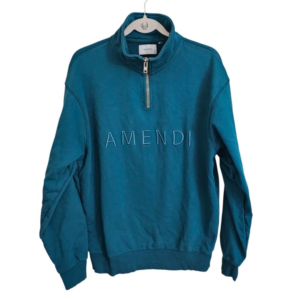 Amendi Sweater Mens Large Teal Terry Frank‎ Petrol 1/4 Zip Pullover Gorpcore